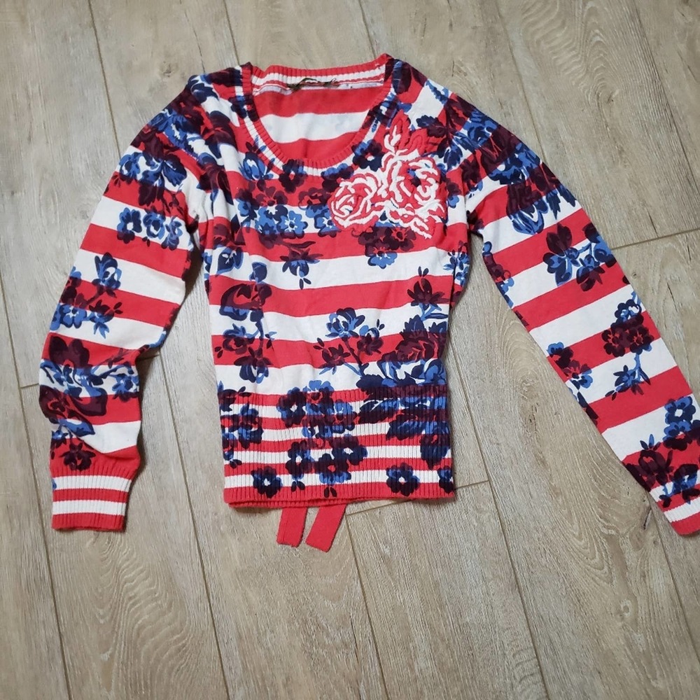 Oilily Red and Blue Floral Striped Sweater